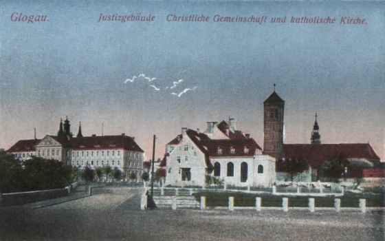 Zdjęcie. Głogów. Tytuł: "Justizgebaude ... und katholishe Kirche". Opis: "...".